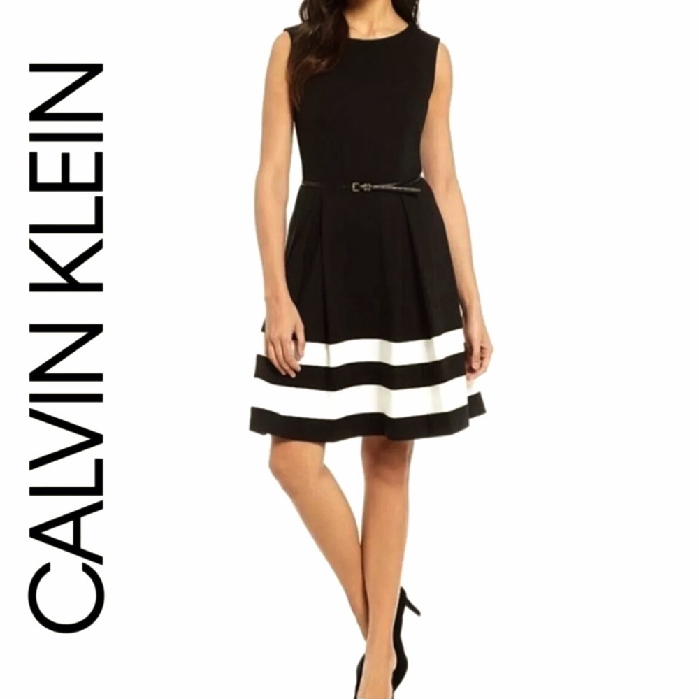 🌷SOLD🌷 Calvin Klein Black and White Fit and Flair Belted Sleeveless Dress Sz 2 - Picture 13 of 13